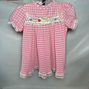 VTG 4T Girls Babydoll Dress Pink White Gingham Embroidered Flower‎ Lace Pleated